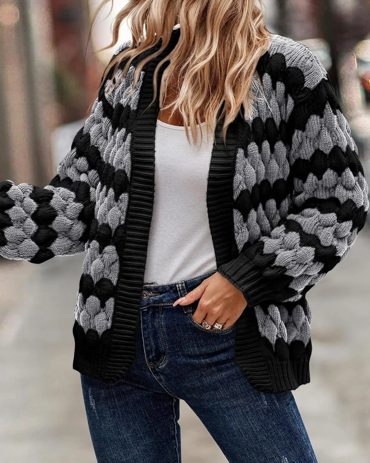 KIRUNDO Womens Cardigan Fall Fashion Lantern Sleeve Open Front Striped Color Block Loose Cable Knit Winter Sweater Coats