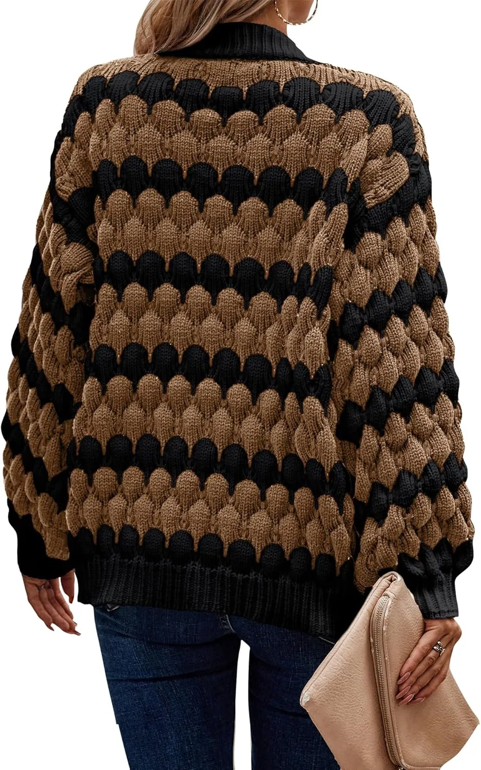 KIRUNDO Womens Cardigan Fall Fashion Lantern Sleeve Open Front Striped Color Block Loose Cable Knit Winter Sweater Coats