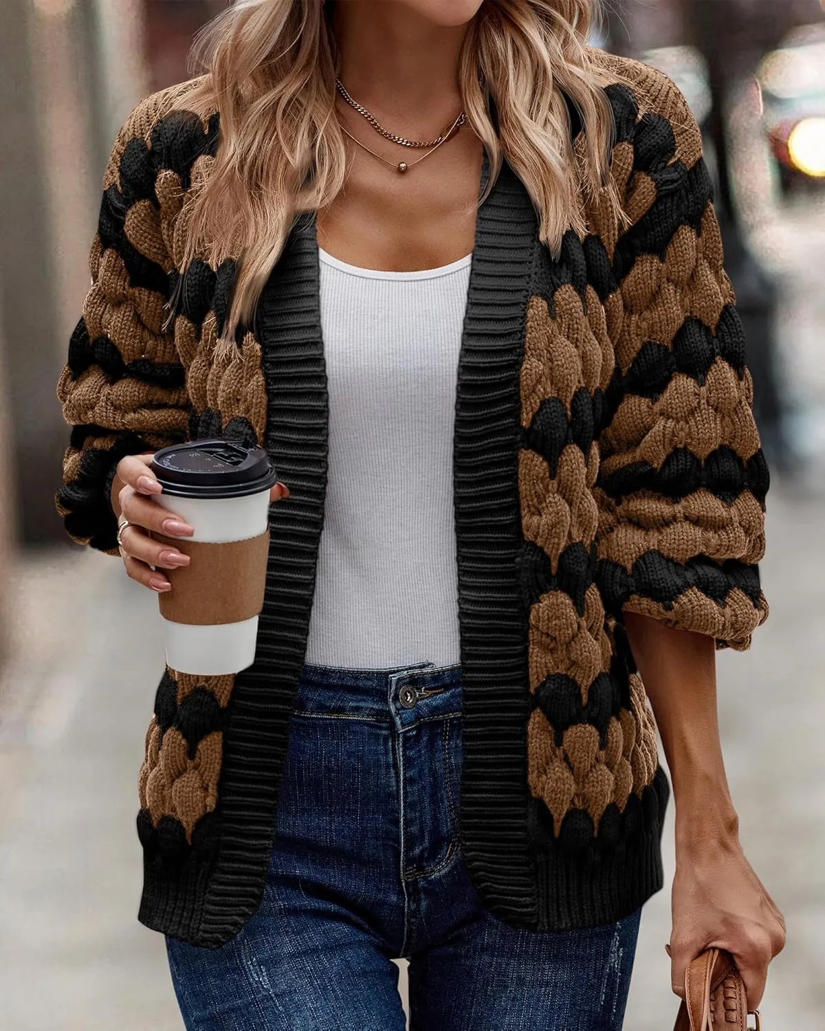 KIRUNDO Womens Cardigan Fall Fashion Lantern Sleeve Open Front Striped Color Block Loose Cable Knit Winter Sweater Coats