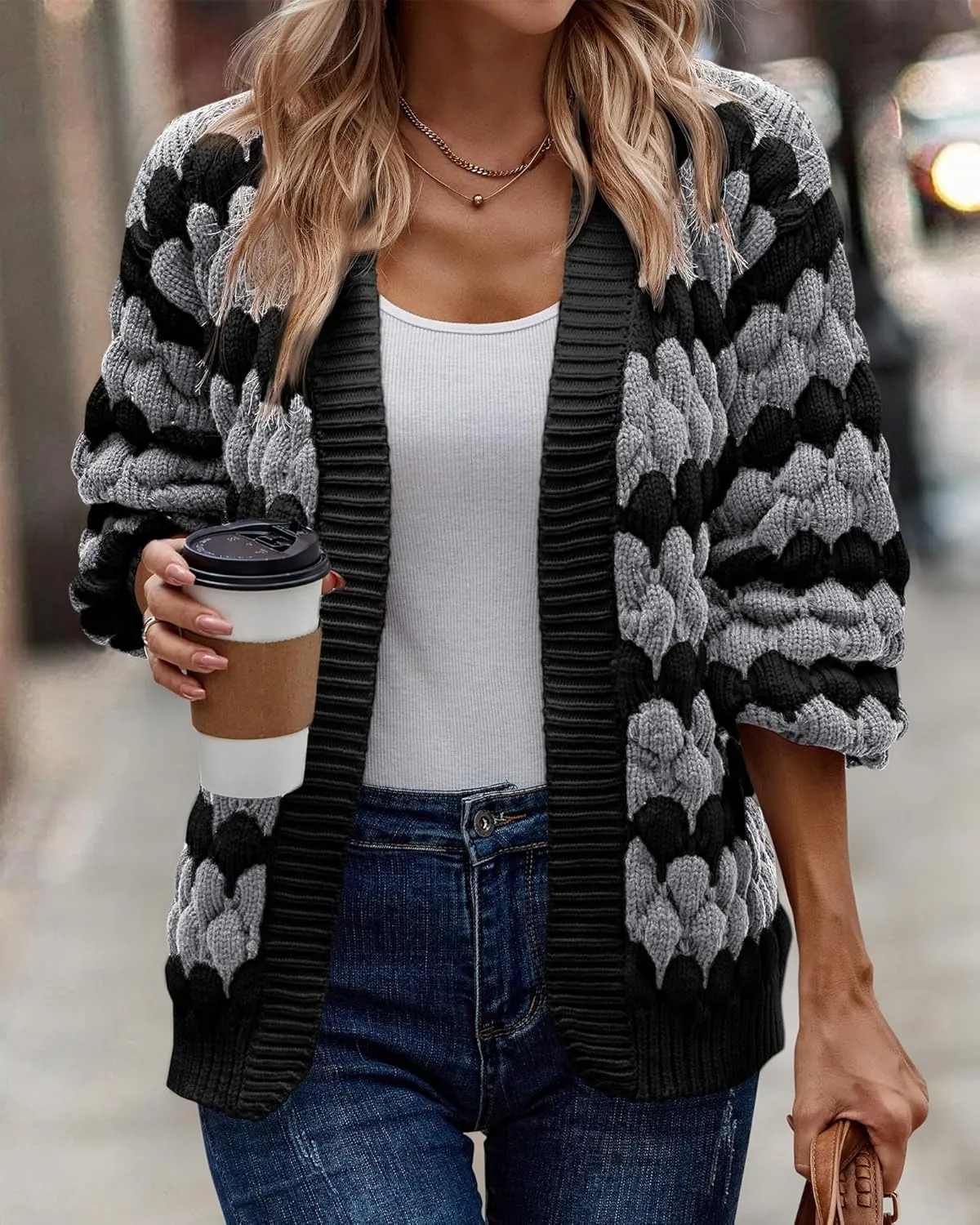 KIRUNDO Womens Cardigan Fall Fashion Lantern Sleeve Open Front Striped Color Block Loose Cable Knit Winter Sweater Coats