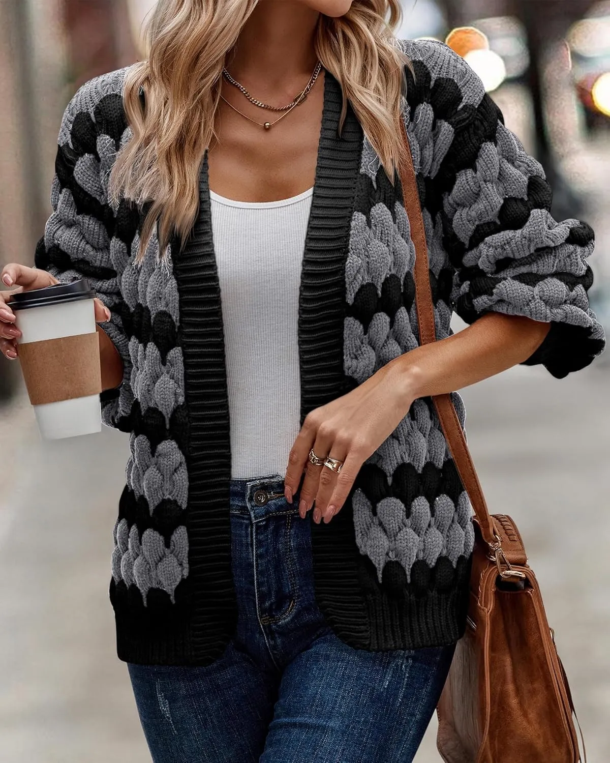 KIRUNDO Womens Cardigan Fall Fashion Lantern Sleeve Open Front Striped Color Block Loose Cable Knit Winter Sweater Coats