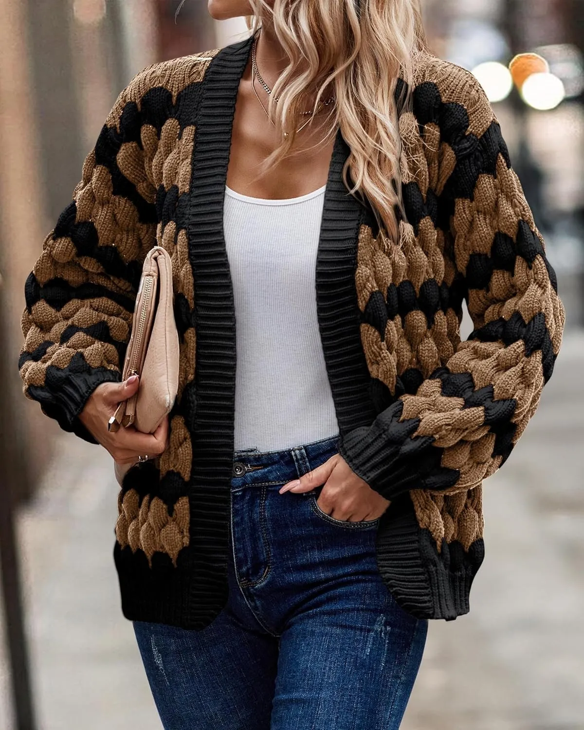 KIRUNDO Womens Cardigan Fall Fashion Lantern Sleeve Open Front Striped Color Block Loose Cable Knit Winter Sweater Coats