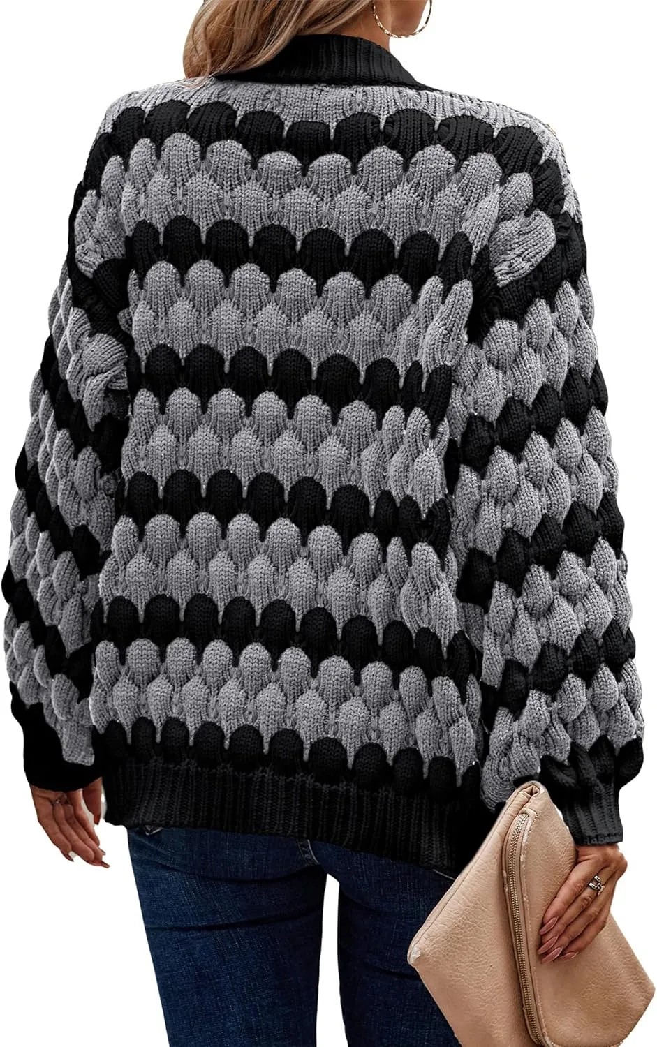 KIRUNDO Womens Cardigan Fall Fashion Lantern Sleeve Open Front Striped Color Block Loose Cable Knit Winter Sweater Coats