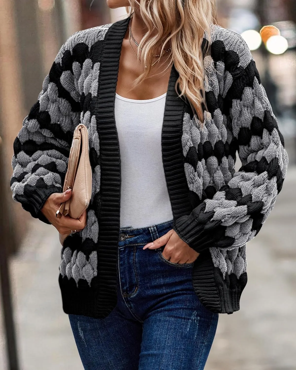 KIRUNDO Womens Cardigan Fall Fashion Lantern Sleeve Open Front Striped Color Block Loose Cable Knit Winter Sweater Coats