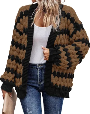 KIRUNDO Womens Cardigan Fall Fashion Lantern Sleeve Open Front Striped Color Block Loose Cable Knit Winter Sweater Coats