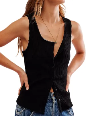 KMBANGI Womens Ribbed Button Tank Top Scoop Neck Lace Trim Fitted Tee Tops Sleeveless Y2k Button Up Open Front Vest