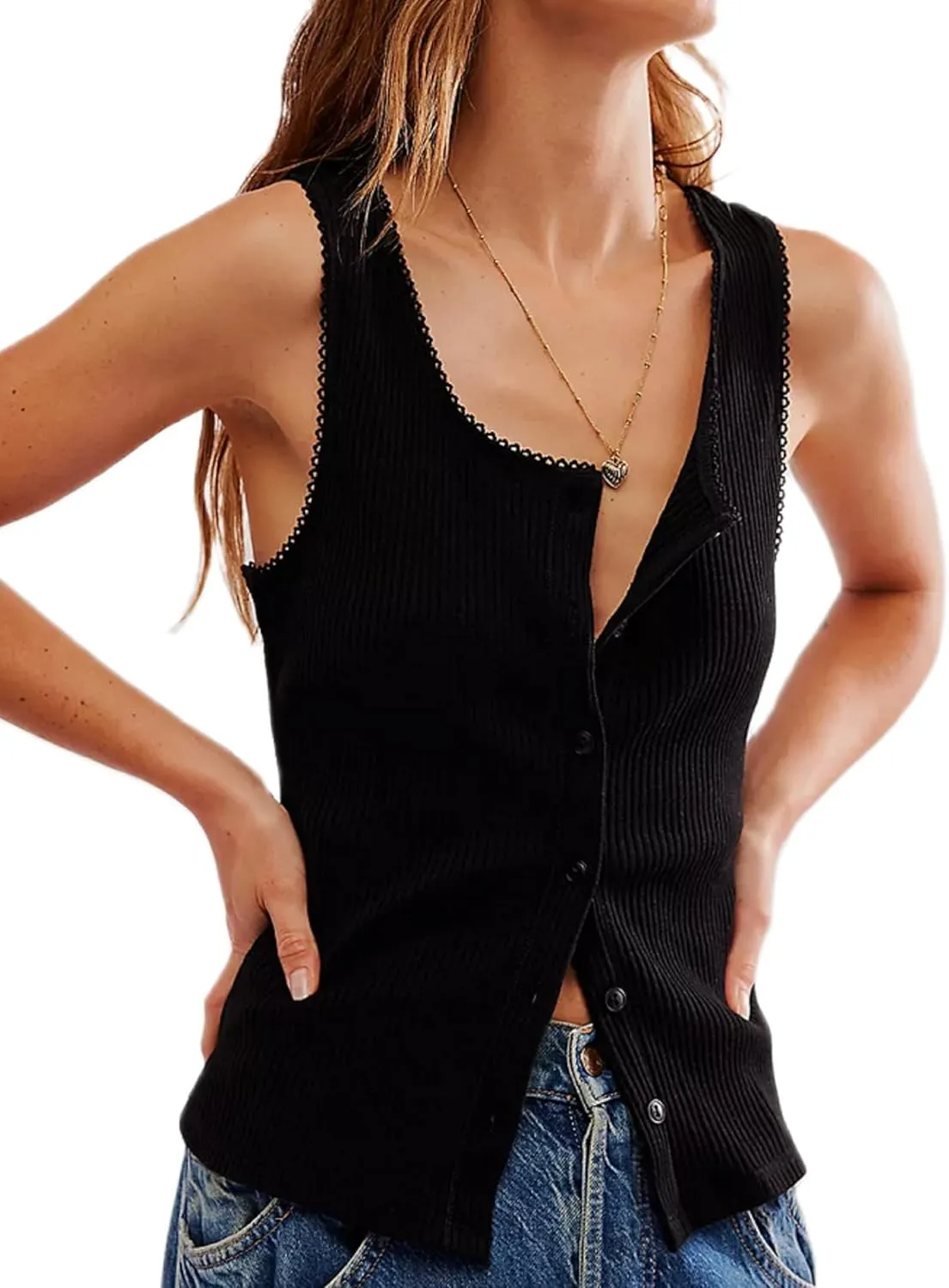 KMBANGI Womens Ribbed Button Tank Top Scoop Neck Lace Trim Fitted Tee Tops Sleeveless Y2k Button Up Open Front Vest