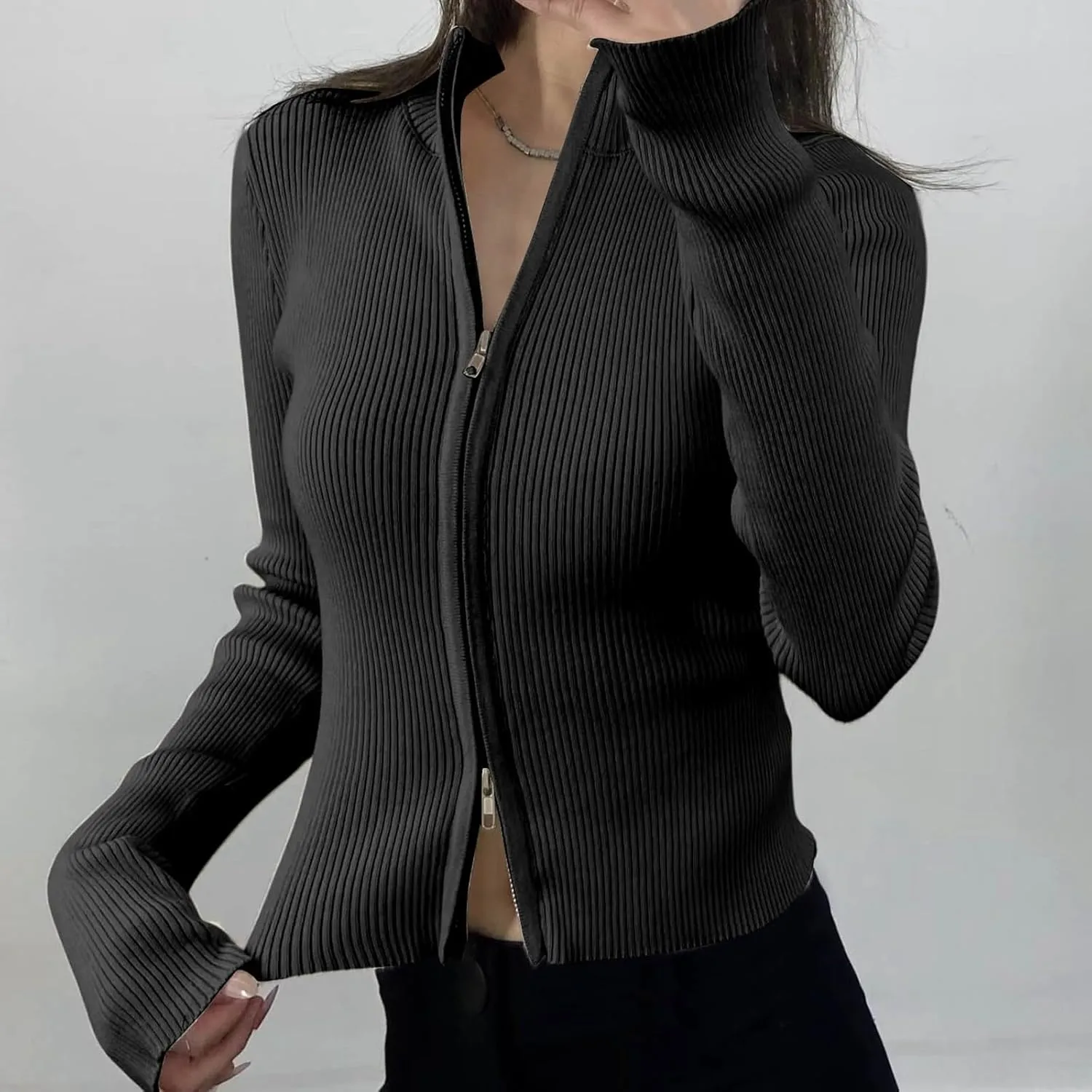 Knit Cardigans for Women Y2k Slim Fit Double Zip Stand Collar Sweater Jackets Ribben Long Sleeve Tops Fall Clothes