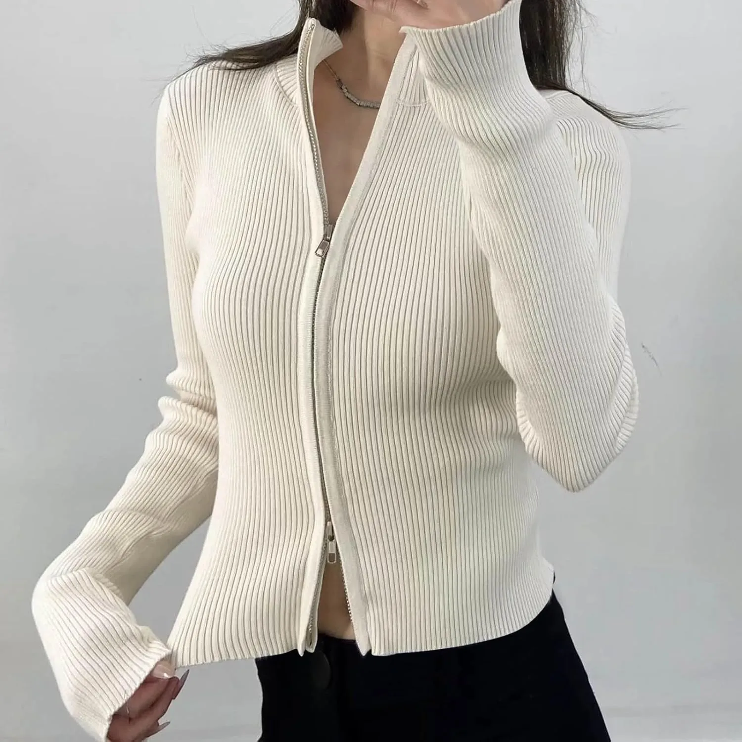 Knit Cardigans for Women Y2k Slim Fit Double Zip Stand Collar Sweater Jackets Ribben Long Sleeve Tops Fall Clothes