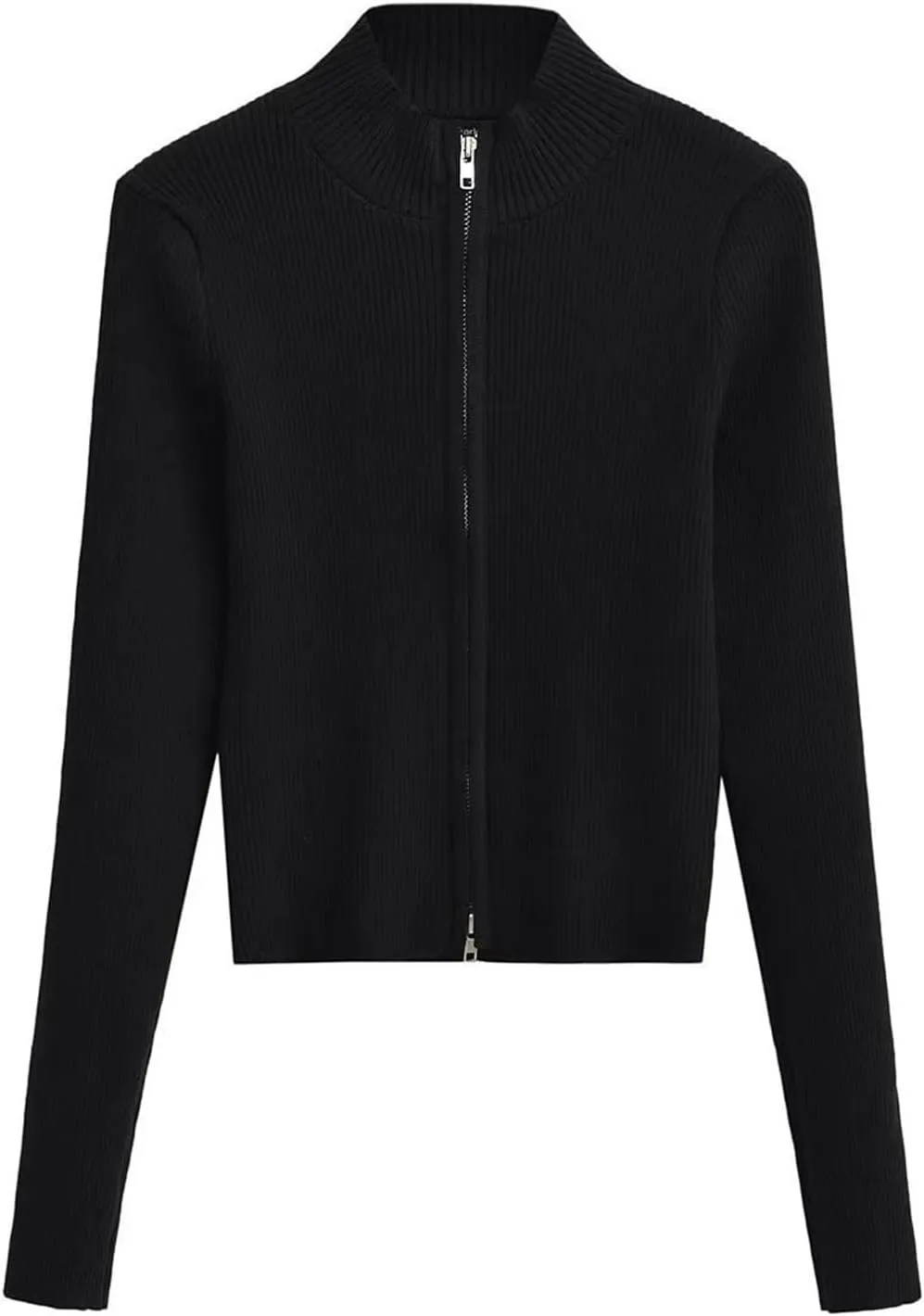 Knit Cardigans for Women Y2k Slim Fit Double Zip Stand Collar Sweater Jackets Ribben Long Sleeve Tops Fall Clothes