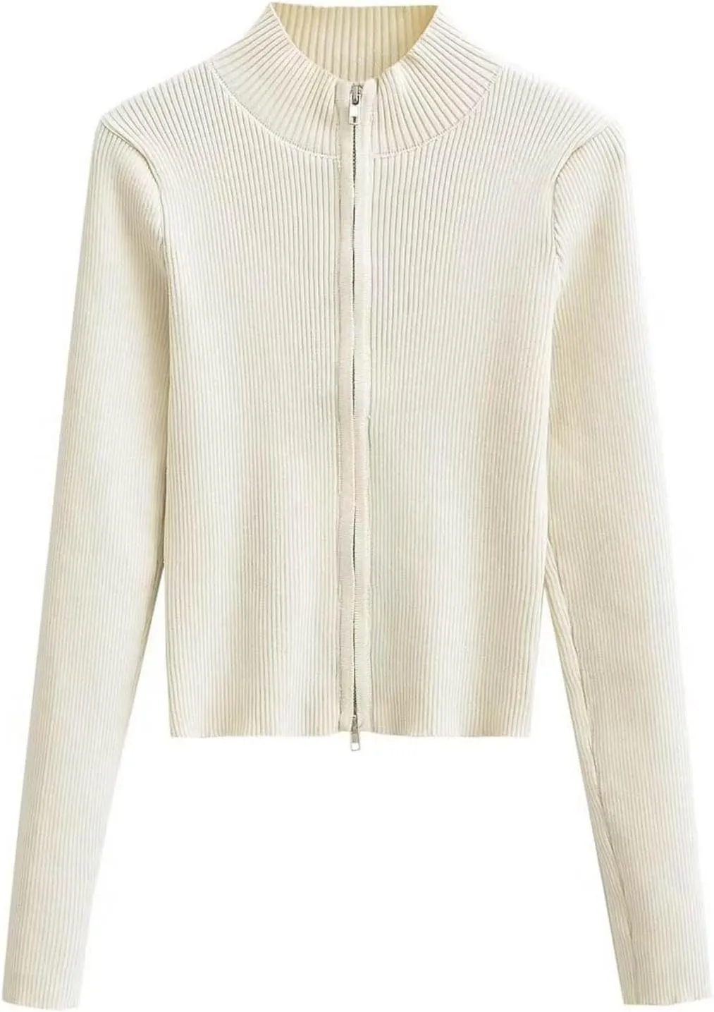Knit Cardigans for Women Y2k Slim Fit Double Zip Stand Collar Sweater Jackets Ribben Long Sleeve Tops Fall Clothes