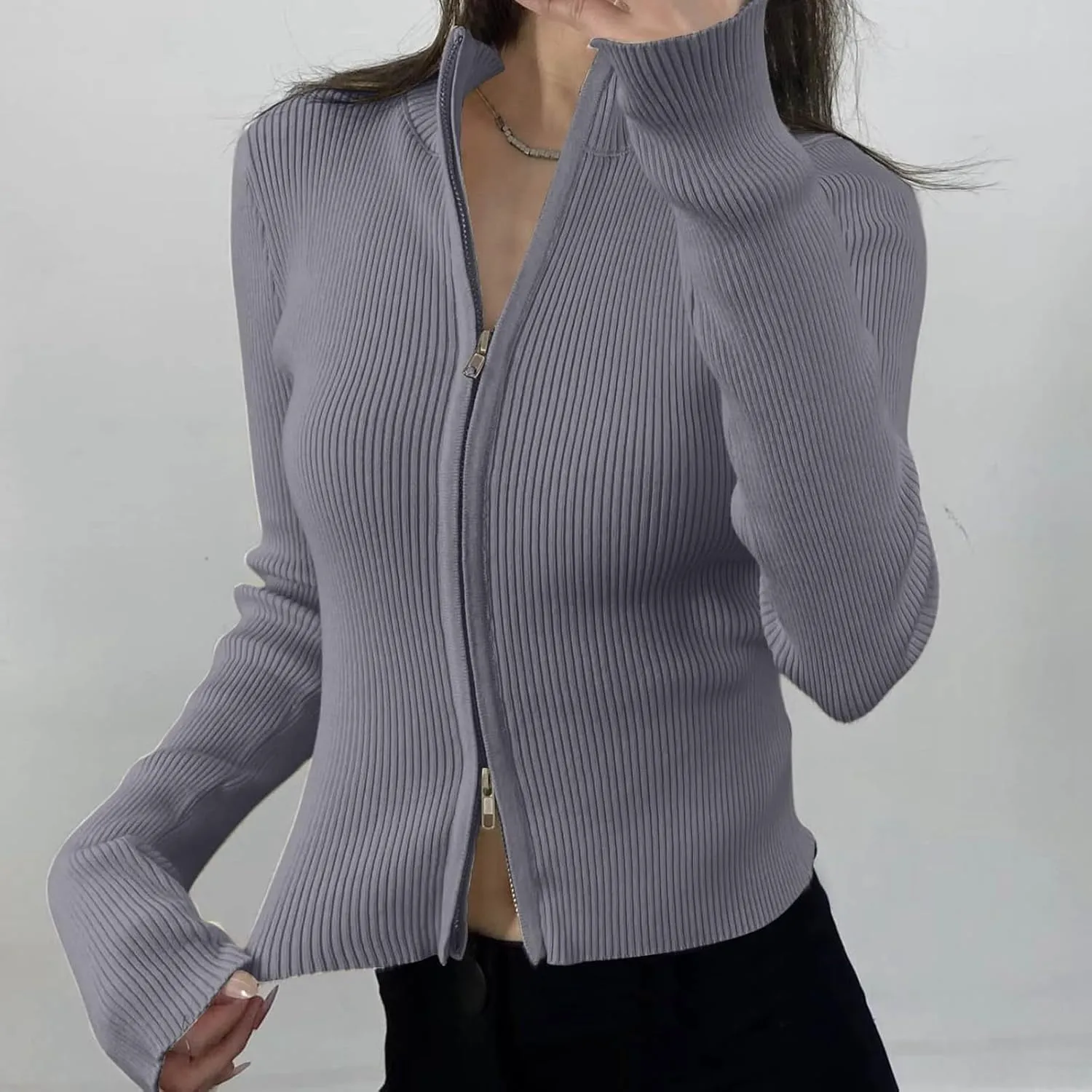 Knit Cardigans for Women Y2k Slim Fit Double Zip Stand Collar Sweater Jackets Ribben Long Sleeve Tops Fall Clothes