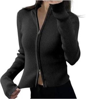 Knit Cardigans for Women Y2k Slim Fit Double Zip Stand Collar Sweater Jackets Ribben Long Sleeve Tops Fall Clothes