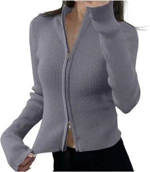 Knit Cardigans for Women Y2k Slim Fit Double Zip Stand Collar Sweater Jackets Ribben Long Sleeve Tops Fall Clothes