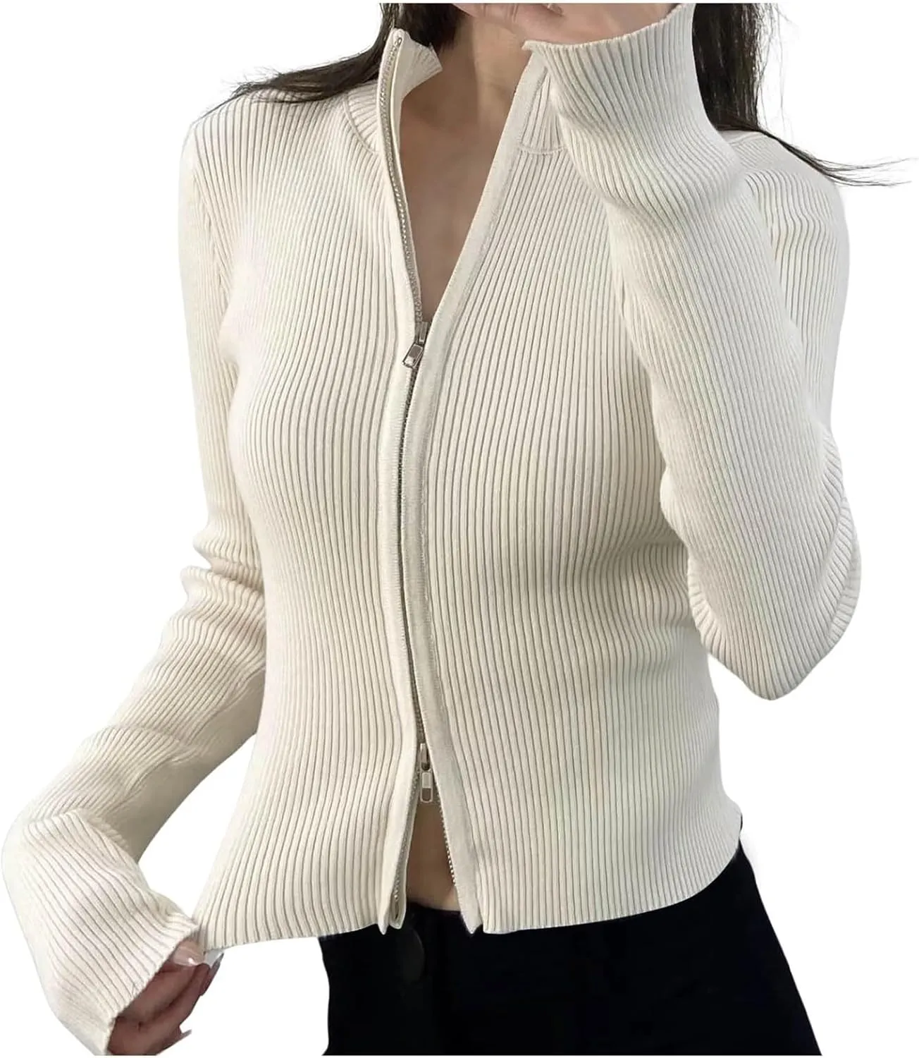 Knit Cardigans for Women Y2k Slim Fit Double Zip Stand Collar Sweater Jackets Ribben Long Sleeve Tops Fall Clothes