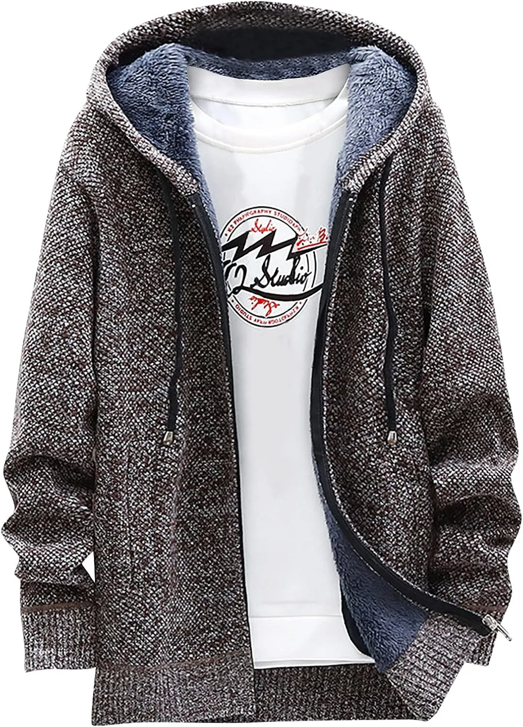 Knit Hoodies For Men Cardigan Sweaters Full Zip Hooded Sweatshirts Fleece Lined Sweater Jackets With Pockets
