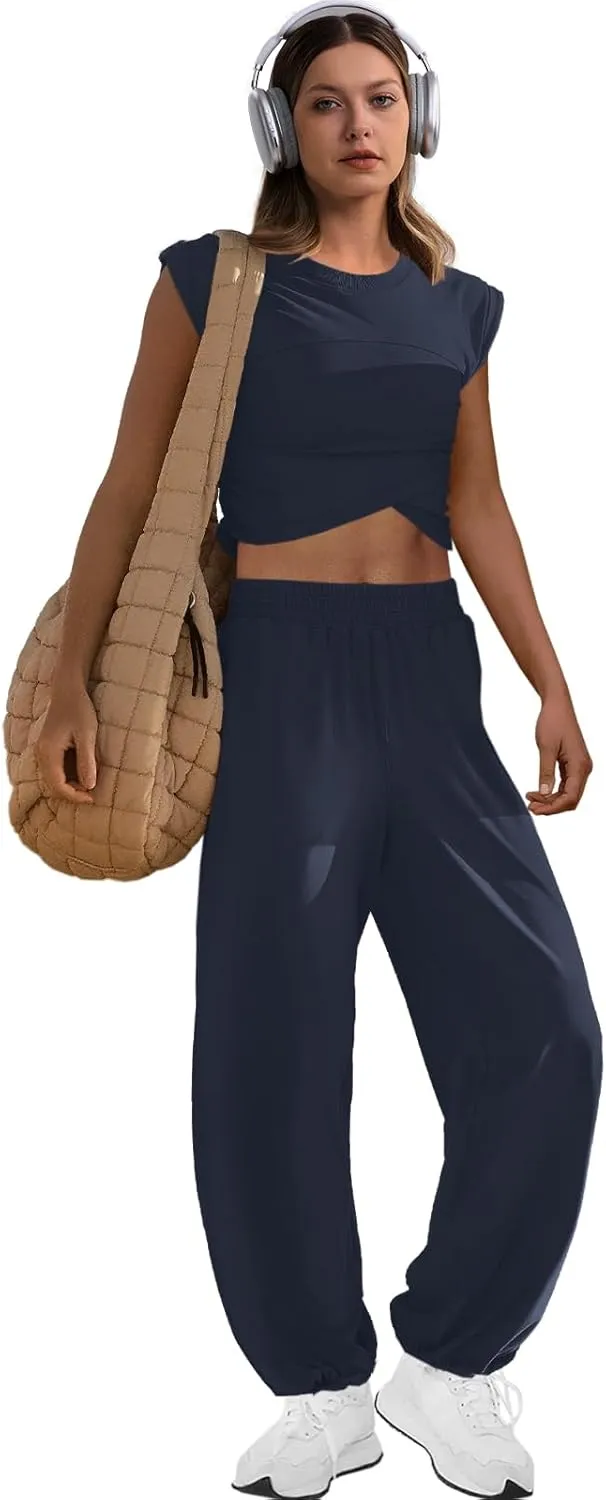 LAMISSCHE Womens Loungewear Set 2 Piece Outfits Sets Cropped Tops and Wide Leg Pants with Pockets Tracksuit