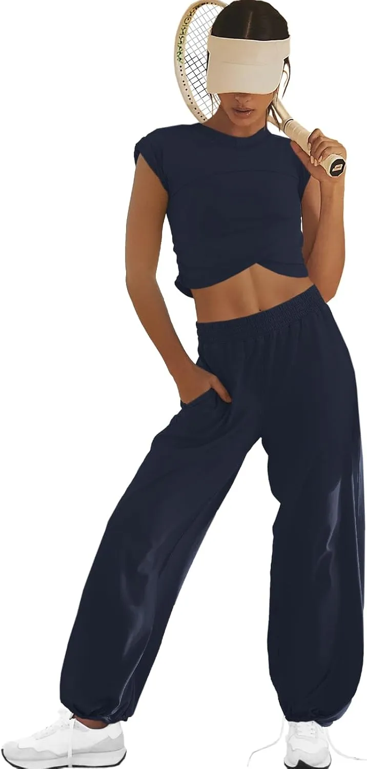 LAMISSCHE Womens Loungewear Set 2 Piece Outfits Sets Cropped Tops and Wide Leg Pants with Pockets Tracksuit