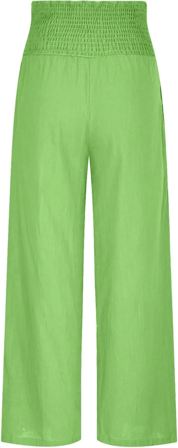 Lastesso Linen Pants Women High Waist Tummy Control Soft Palazzo Slacks Lightweight Basic Solid Summer Beach Boho Clothes