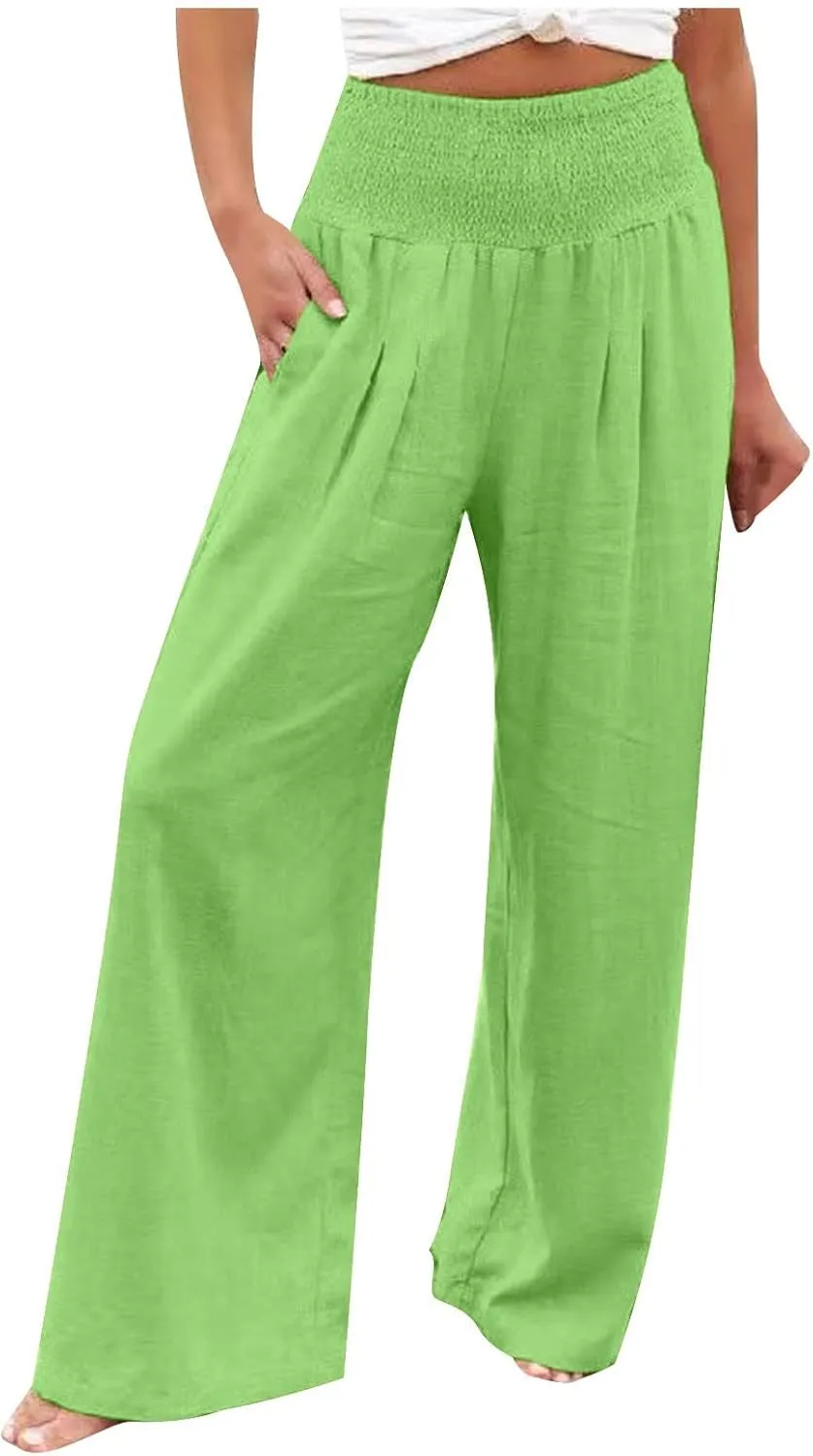 Lastesso Linen Pants Women High Waist Tummy Control Soft Palazzo Slacks Lightweight Basic Solid Summer Beach Boho Clothes