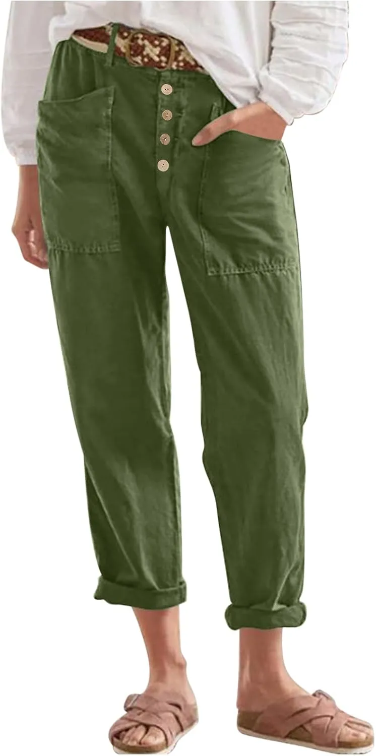 Lastesso Summer Pants for Women Comfy Cotton Linen Capris Casual Button Down High Waist Lounge Trousers with Pockets