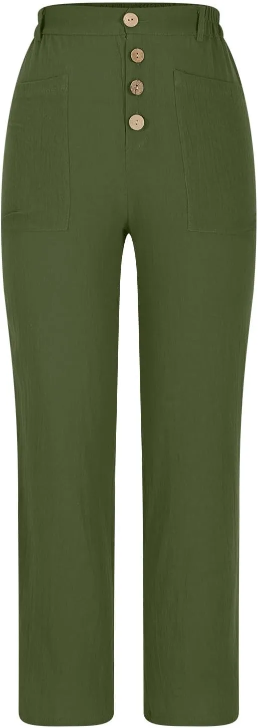Lastesso Summer Pants for Women Comfy Cotton Linen Capris Casual Button Down High Waist Lounge Trousers with Pockets