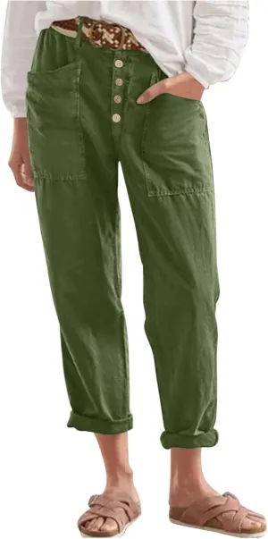 Lastesso Summer Pants for Women Comfy Cotton Linen Capris Casual Button Down High Waist Lounge Trousers with Pockets
