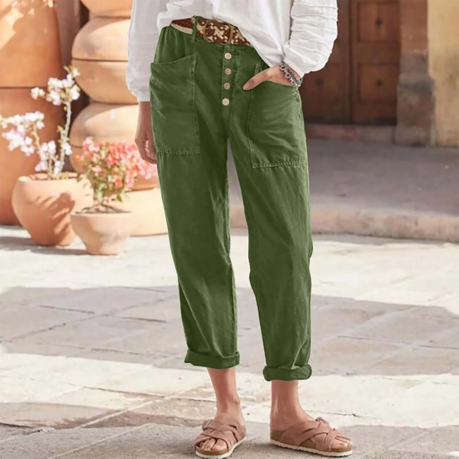Lastesso Summer Pants for Women Comfy Cotton Linen Capris Casual Button Down High Waist Lounge Trousers with Pockets