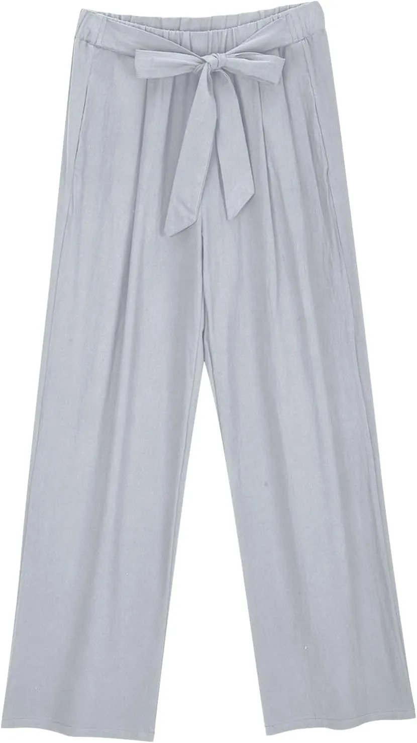 Lastesso Womens Linen Pants Elastic Waistband Wide Leg Slacks Plus Size Cute Summer Lounge Trousers Casual Summer Pant