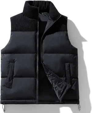 lcziwo Men's Puffer Vest Jacket Corduroy Patchwork Sleeveless Zip up Stand Collar Padded Cotton Coat Warm Winter Outwear