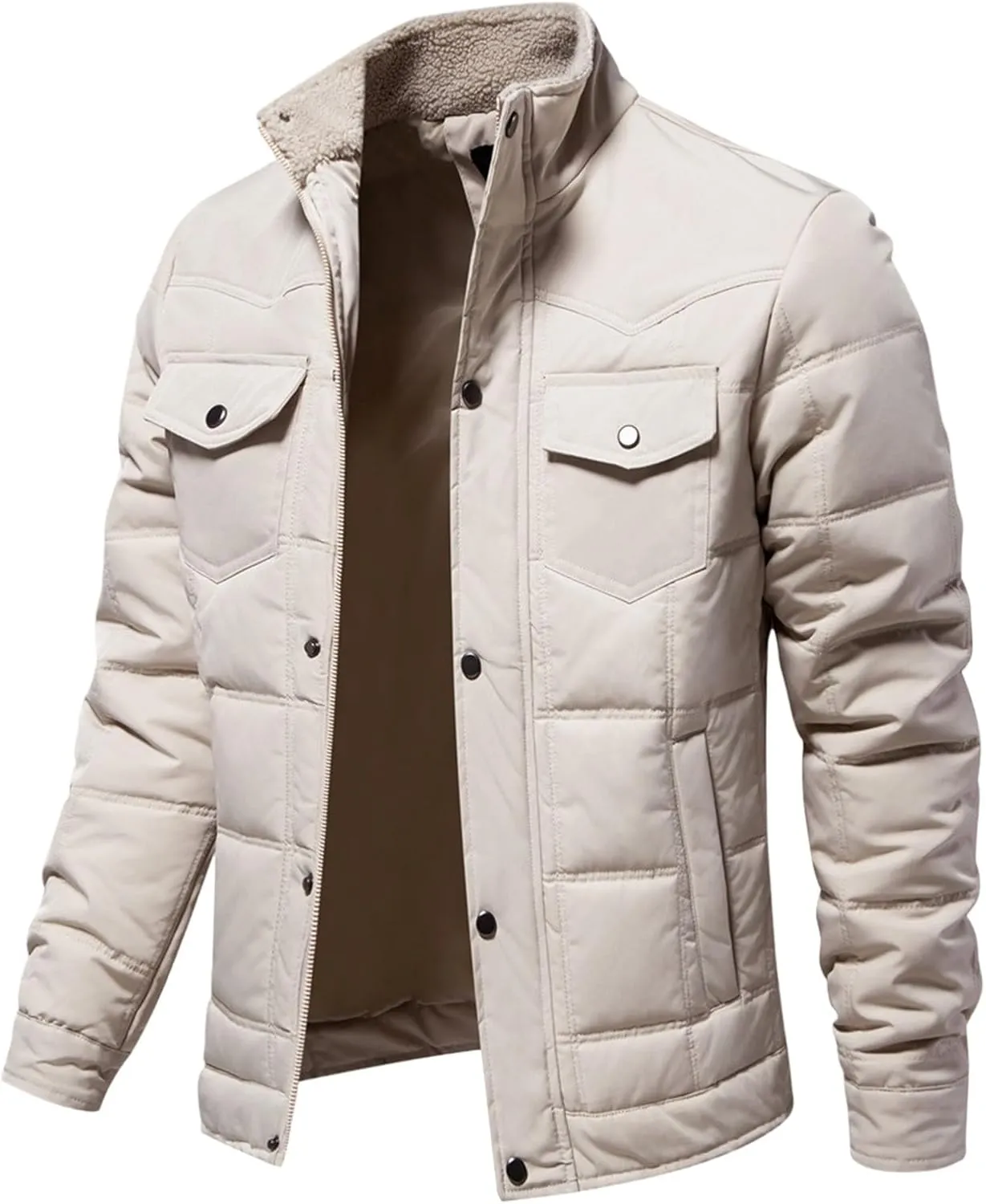lcziwo men's quilted jackets Sherpa Stand Collar Full Zip Warm Cargo Pockets Work Trucker padded Cotton winter Coat