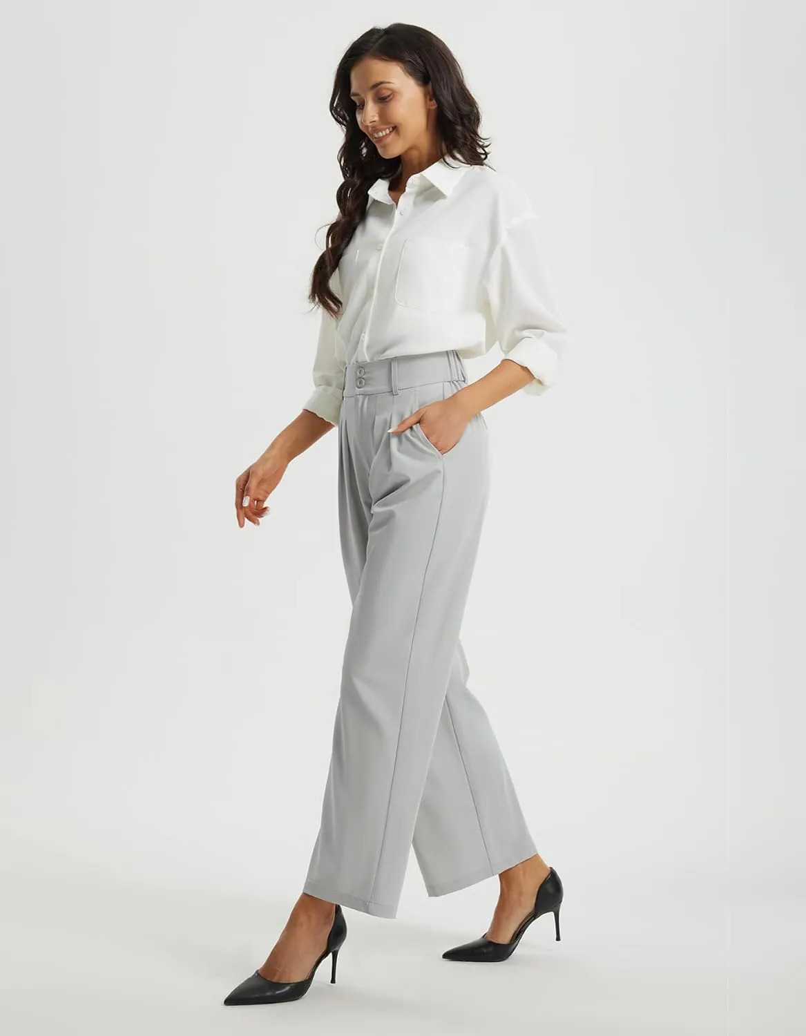 Libin Women's Wide Leg Dress Pants High Waisted Button Pleated Business Work Pants Casual Slacks Trousers with Pockets