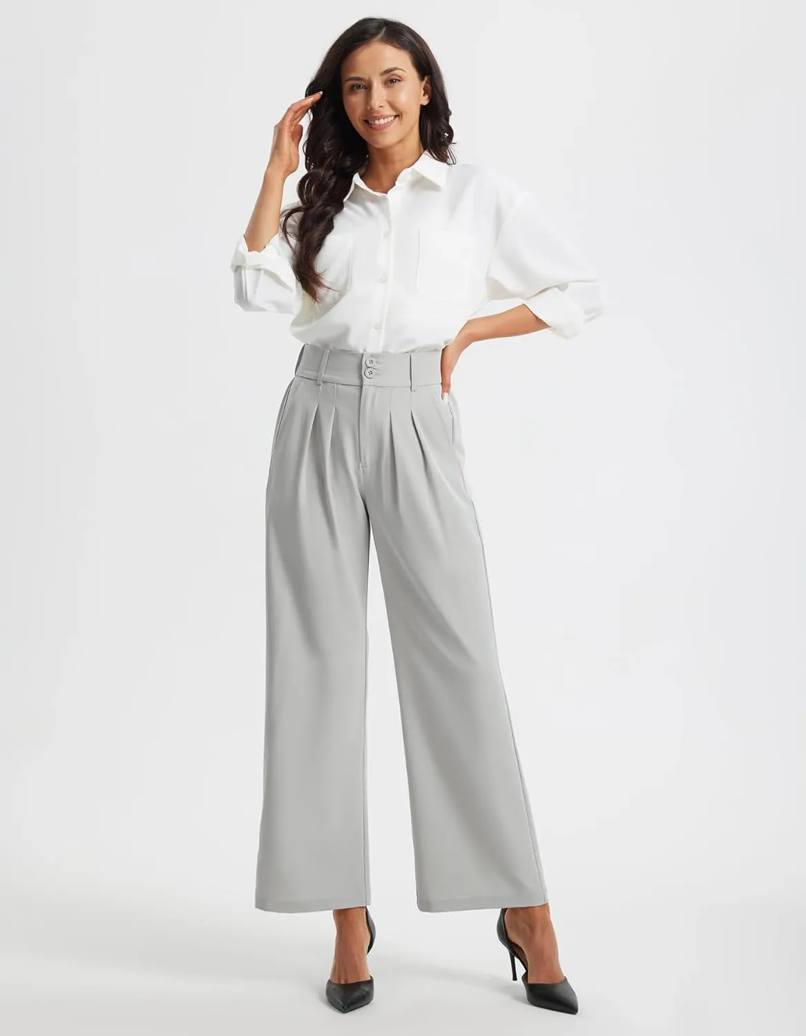 Libin Women's Wide Leg Dress Pants High Waisted Button Pleated Business Work Pants Casual Slacks Trousers with Pockets