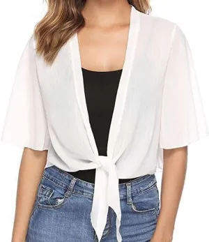 Lightweight Short Sleeve Cardigans for Women Tie Open Front Chiffon Shrug Cropped Bolero Sheer Summer Tops