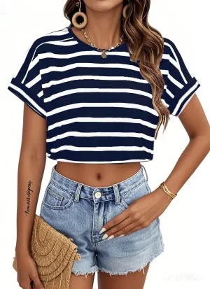 LilyCoco Womens Short Batwing Sleeve Striped Shirt Crew Neck Tops Casual Loose Fit Tee