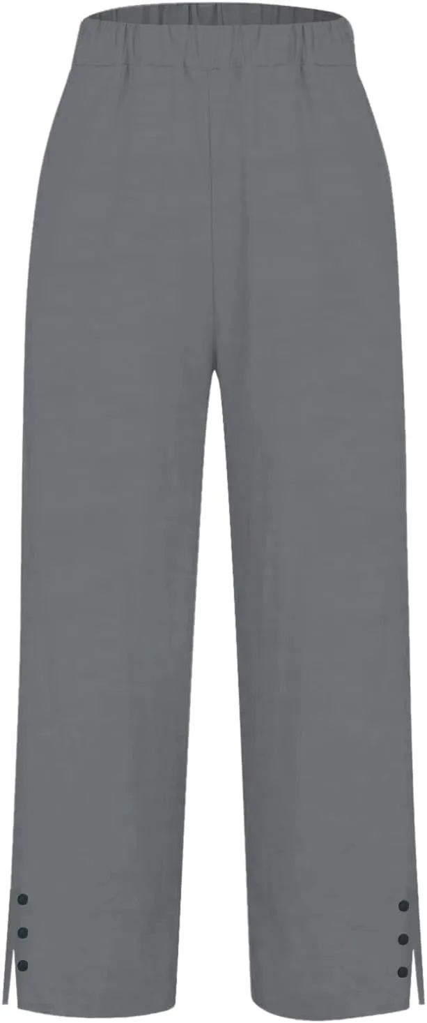 Linen Capri Pants for Women 2025 Cotton Summer lastic Waist Straight Leg Loose Beach Bermuda Trousers with Pockets