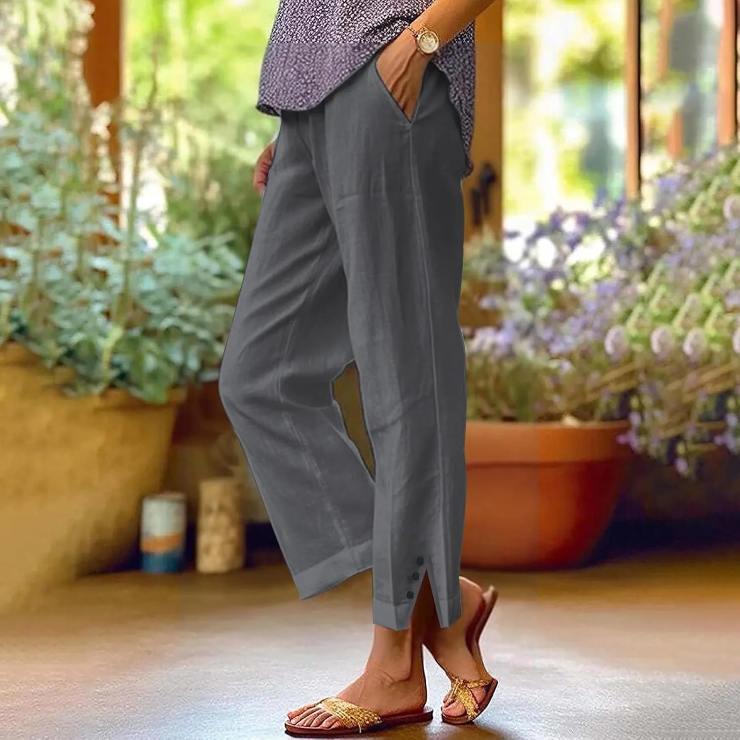 Linen Capri Pants for Women 2025 Cotton Summer lastic Waist Straight Leg Loose Beach Bermuda Trousers with Pockets
