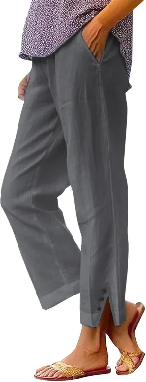 Linen Capri Pants for Women 2025 Cotton Summer lastic Waist Straight Leg Loose Beach Bermuda Trousers with Pockets