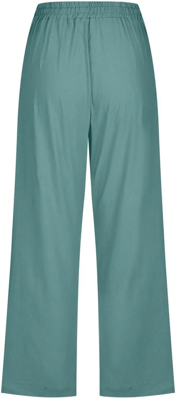 Linen Capri Pants for Women Drawstring Elastic High Waist Wide Leg Pants 2025 Summer Straight Leg Cropped Trousers