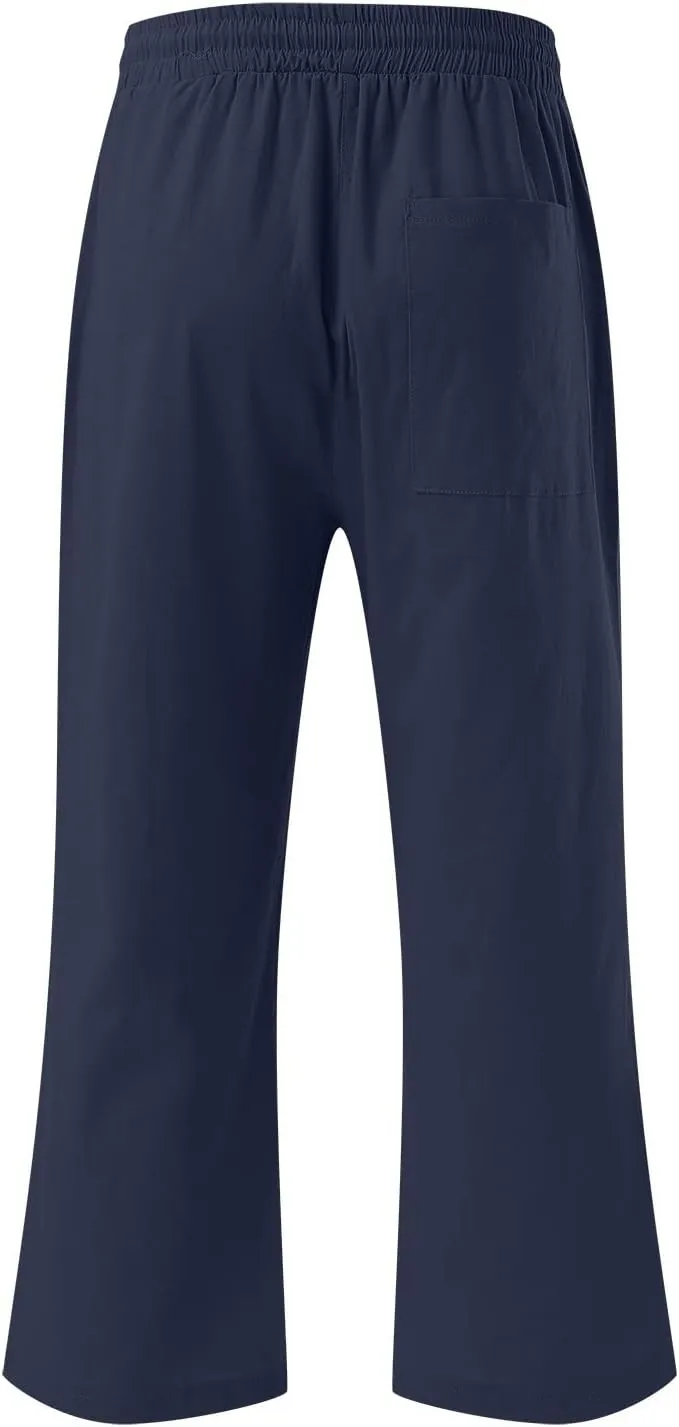 Linen Capri Pants for Women Drawstring Elastic High Waist Wide Leg Pants 2025 Summer Straight Leg Cropped Trousers