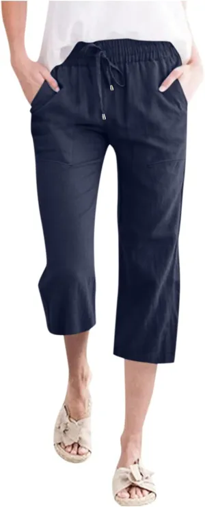 Linen Capri Pants for Women Drawstring Elastic High Waist Wide Leg Pants 2025 Summer Straight Leg Cropped Trousers