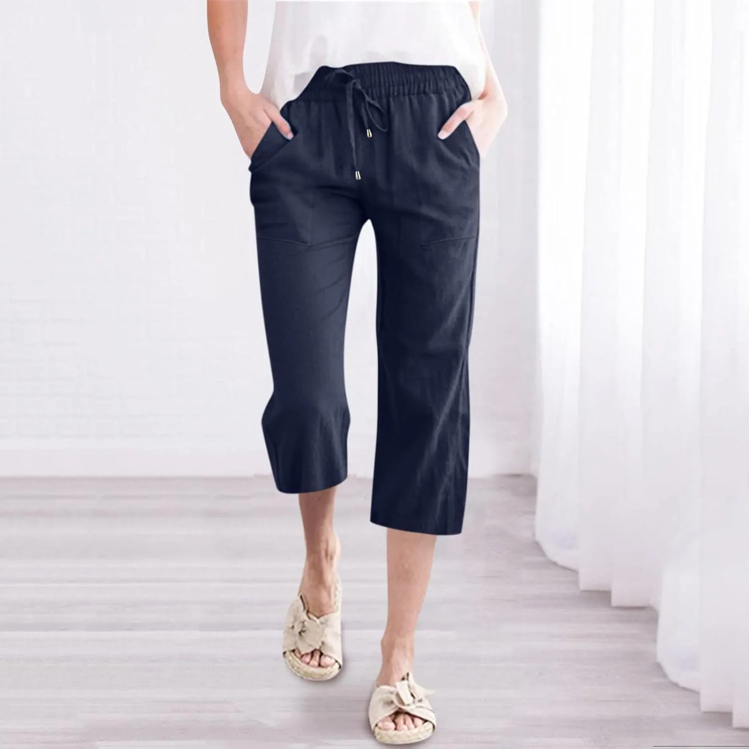 Linen Capri Pants for Women Drawstring Elastic High Waist Wide Leg Pants 2025 Summer Straight Leg Cropped Trousers
