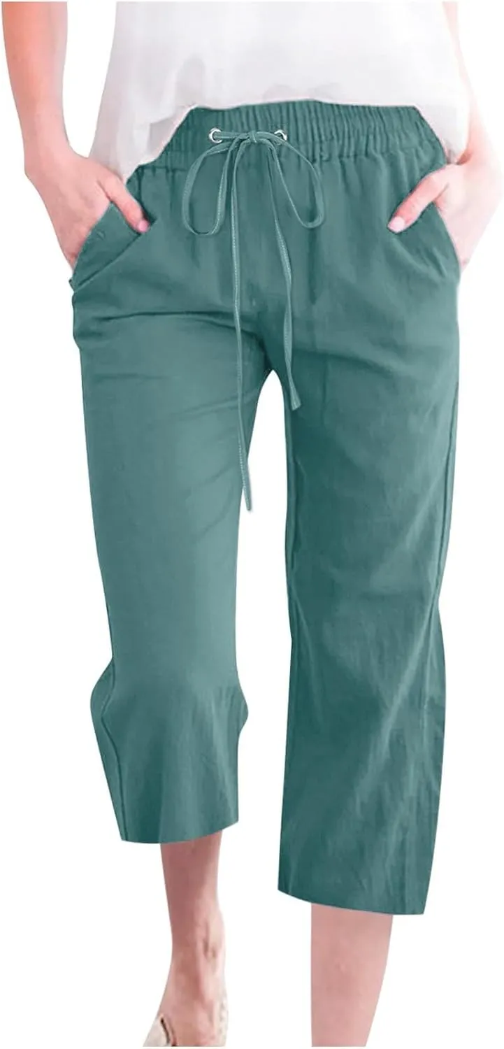 Linen Capri Pants for Women Drawstring Elastic High Waist Wide Leg Pants 2025 Summer Straight Leg Cropped Trousers