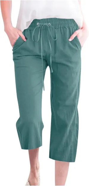 Linen Capri Pants for Women Drawstring Elastic High Waist Wide Leg Pants 2025 Summer Straight Leg Cropped Trousers
