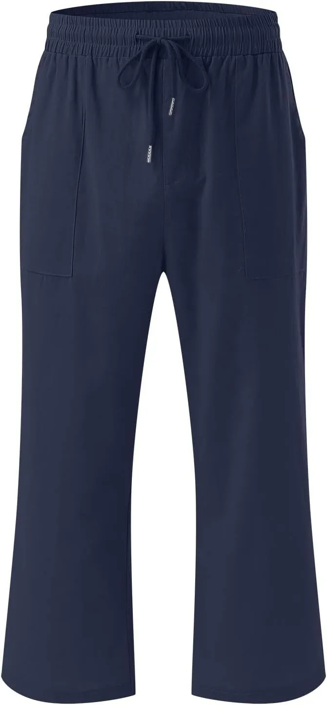 Linen Capri Pants for Women Drawstring Elastic High Waist Wide Leg Pants 2025 Summer Straight Leg Cropped Trousers