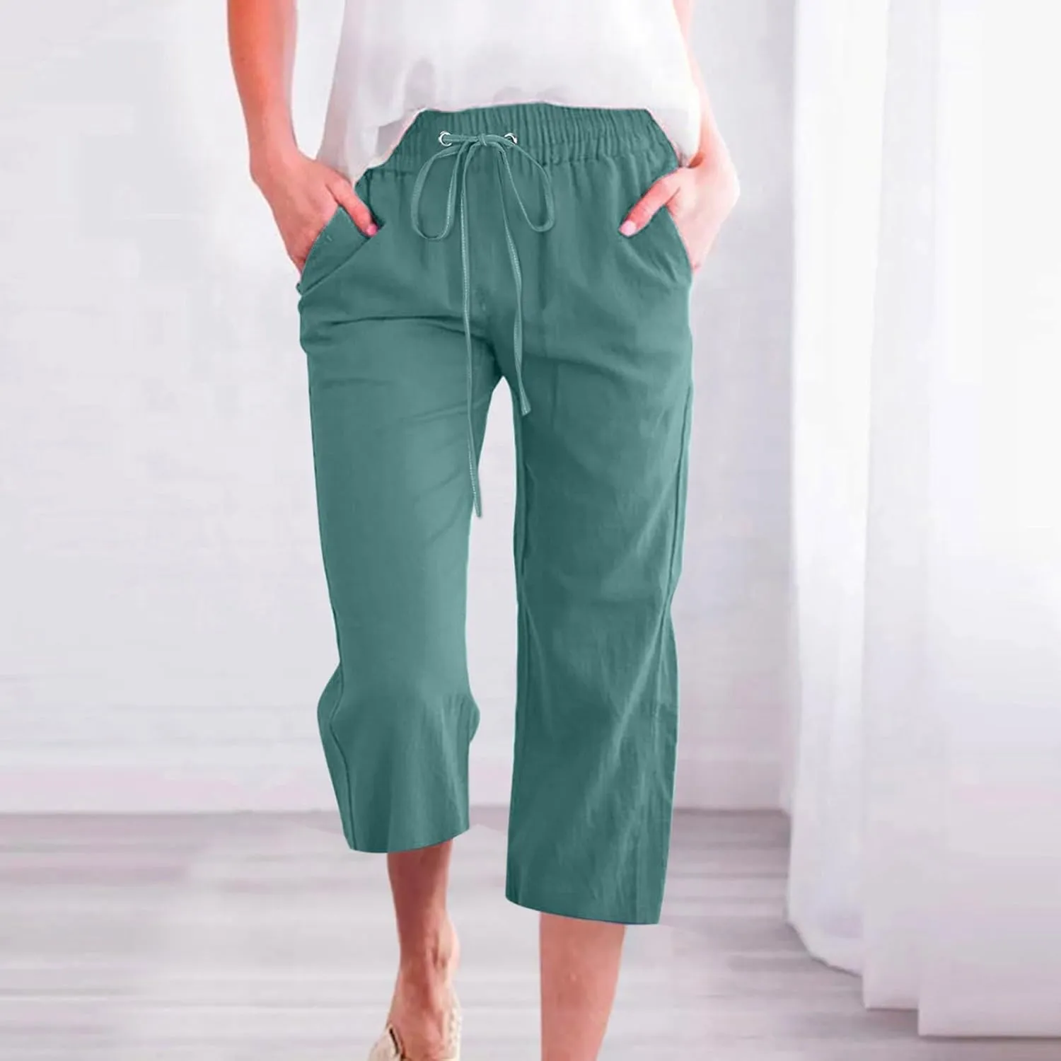Linen Capri Pants for Women Drawstring Elastic High Waist Wide Leg Pants 2025 Summer Straight Leg Cropped Trousers