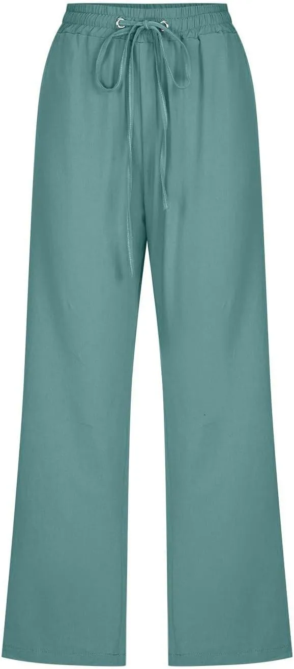 Linen Capri Pants for Women Drawstring Elastic High Waist Wide Leg Pants 2025 Summer Straight Leg Cropped Trousers