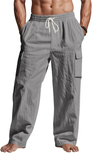 Linen Pants for Men Summer Beach Pants Lightweight Casual Plain Elastic Waist Drawstring Trousers Vacation Slacks