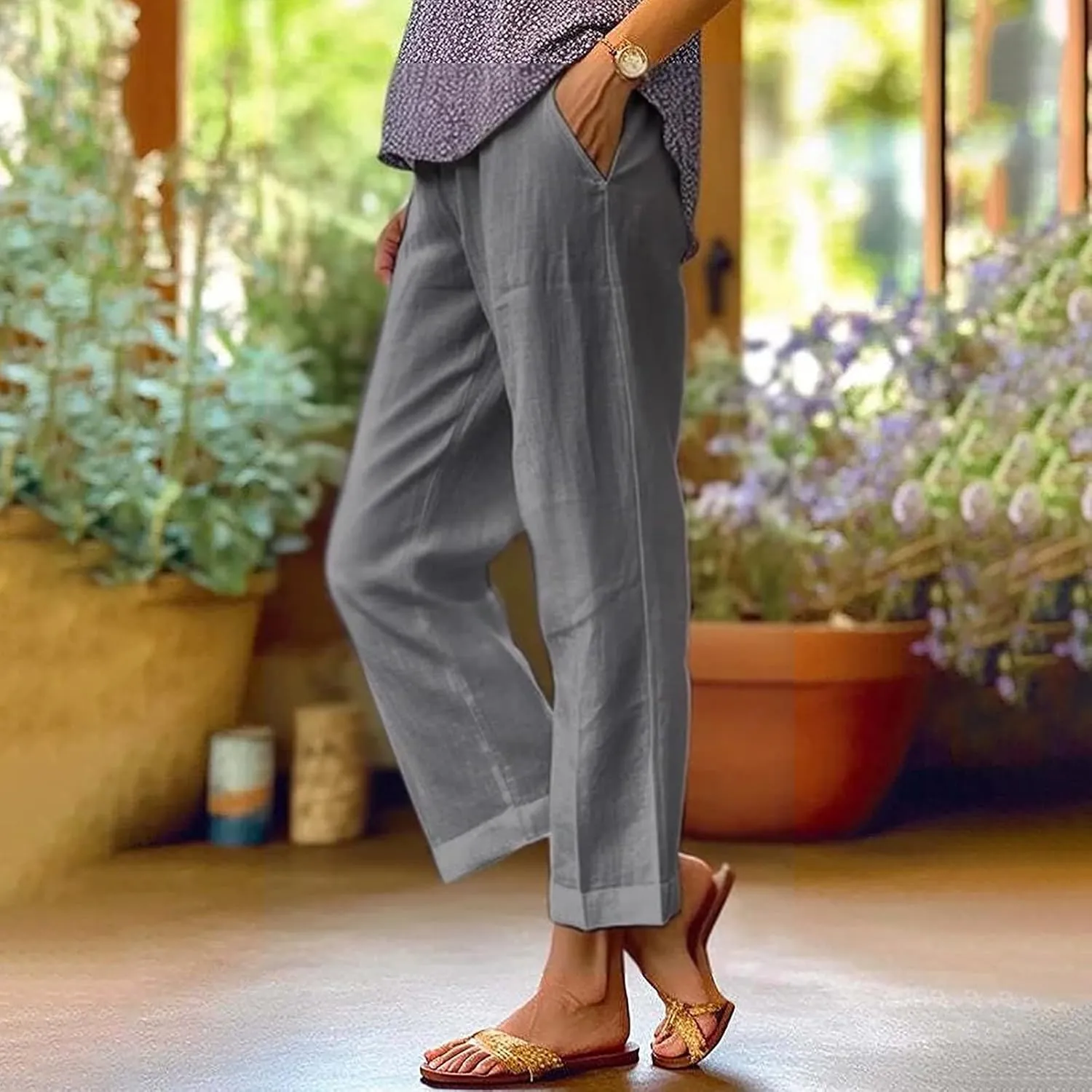 Linen Pants for Women 2025 Plus Size Trendy Solid Color Spring Summer Gauze Pants Elastic Waist Comfy Trousers
