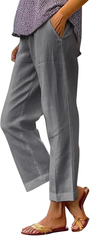 Linen Pants for Women 2025 Plus Size Trendy Solid Color Spring Summer Gauze Pants Elastic Waist Comfy Trousers